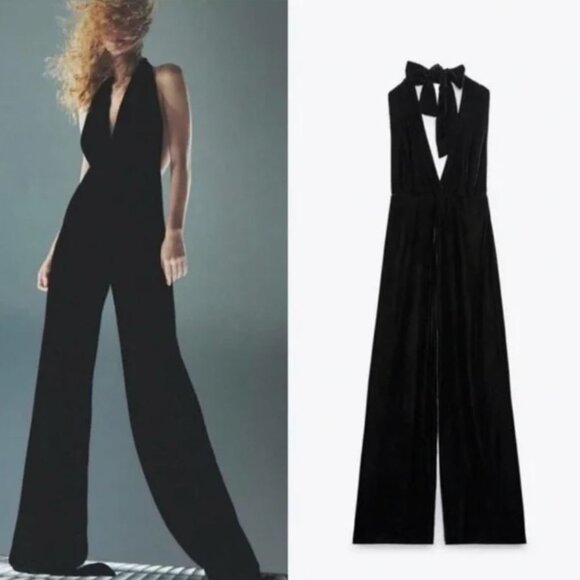 Zara Velvet Halter Jumpsuit Black Sz L - Picture 1 of 11
